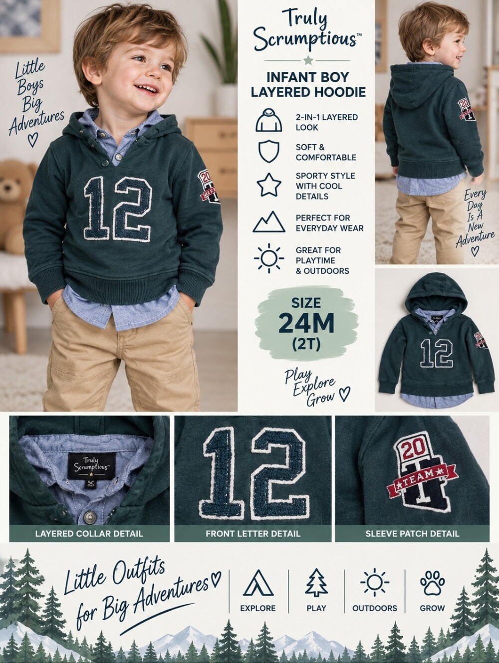 Truly scrumptious infant boy 24m green layered hoodie top #29